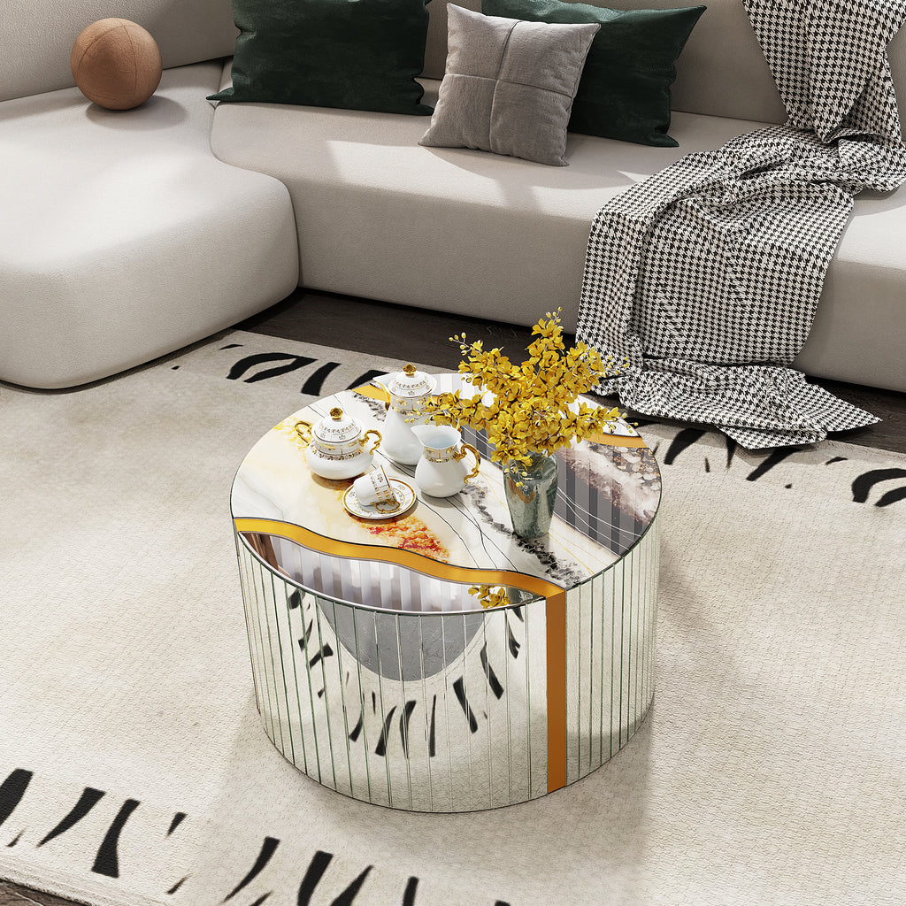 White Marble Pattern Sticker Round Coffee Table