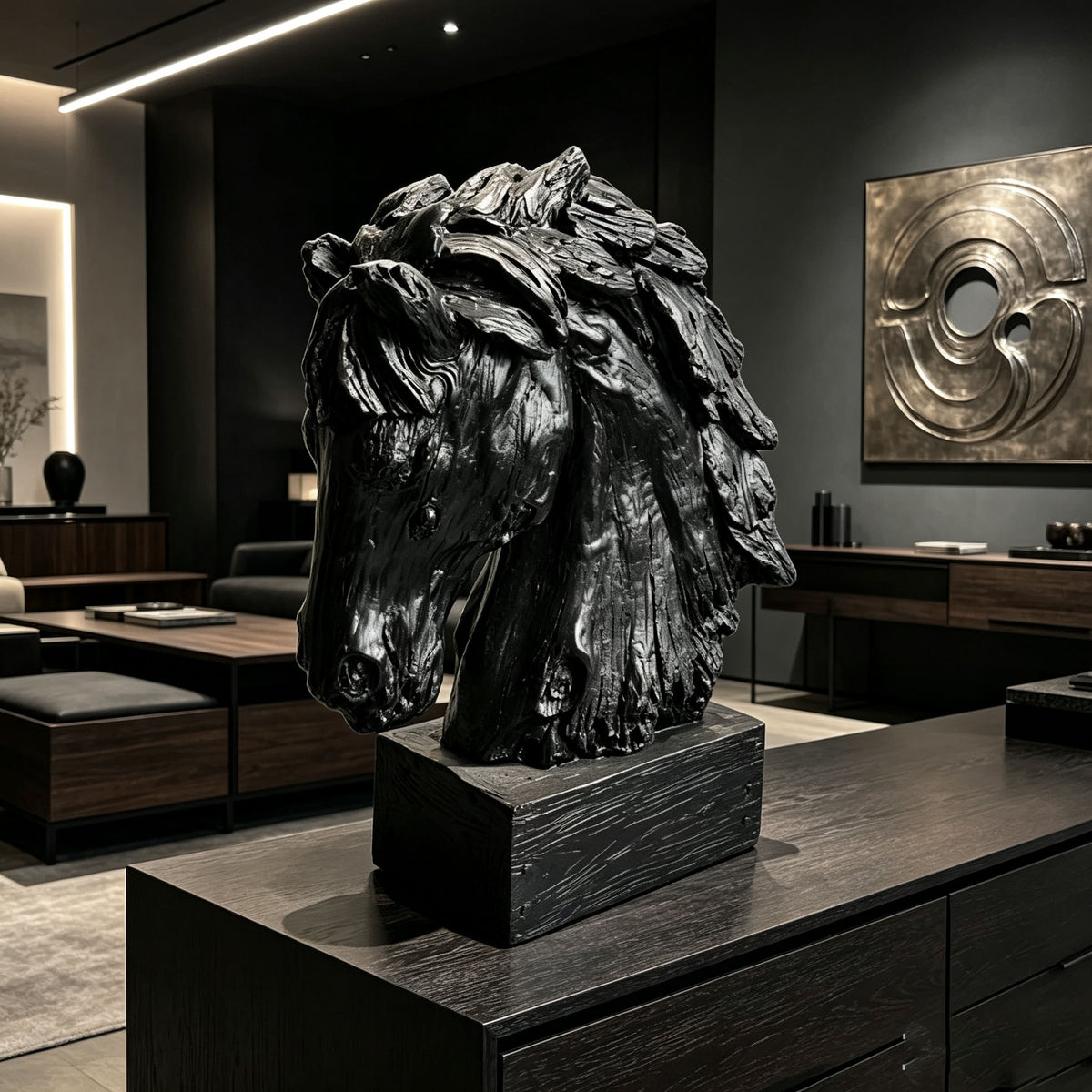 Black Rustic Horse Head Sculpture with Base, 19''  Vintage Wood Texture Resin Horse Bust Statue Decor, Farmhouse Western Tabletop Horse Figurine Ornament for Home Office Desk Shelf Decor