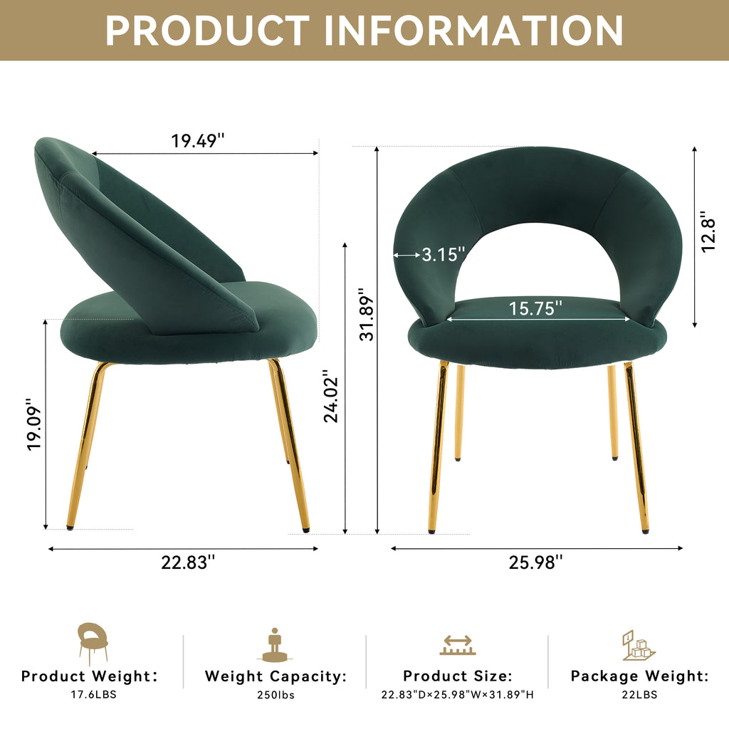Velvet Fabric Dining Chairs With Curved Backrest and Golden Metal Legs
