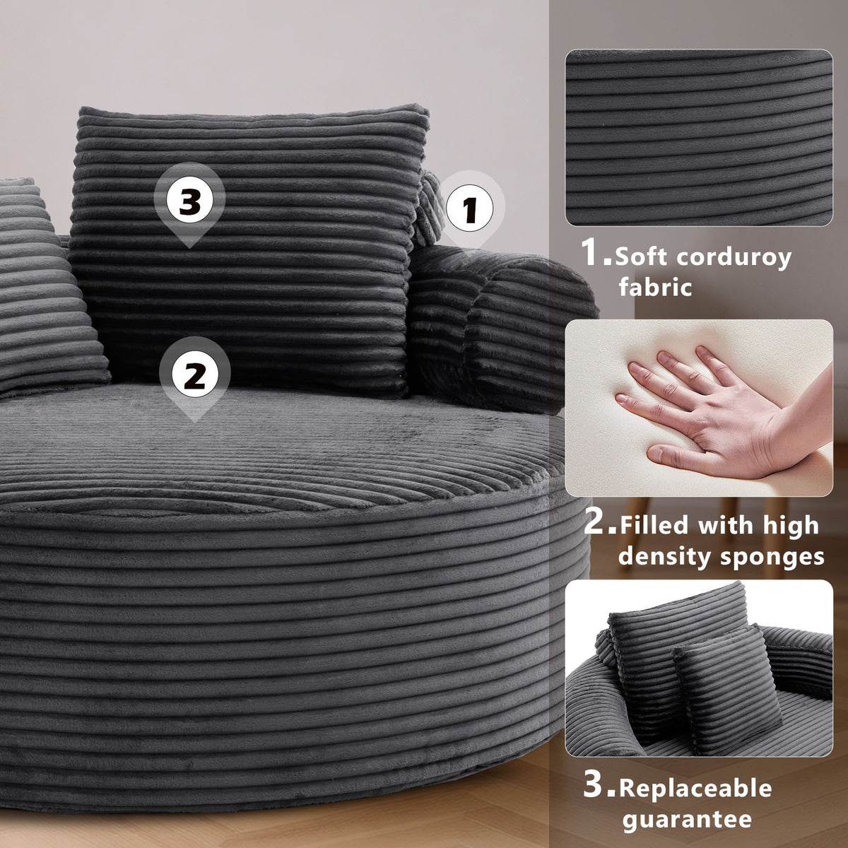 Round Sofa Bed with Memory Foam Sectional Couches