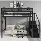 Queen Size Loft Bed with Stairs, Metal Loft Bed with Storage Shelves