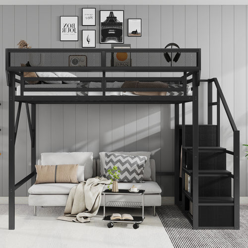 Queen Size Loft Bed with Stairs, Metal Loft Bed with Storage Shelves