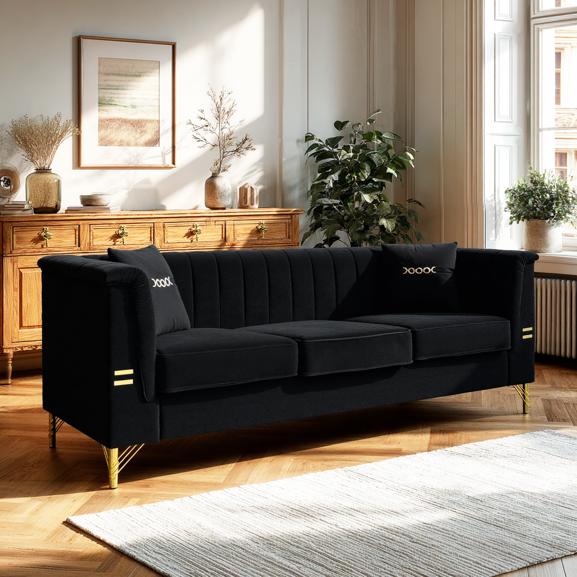 FX-P82-BK2 Modern Velvet 3-Seater Sofa