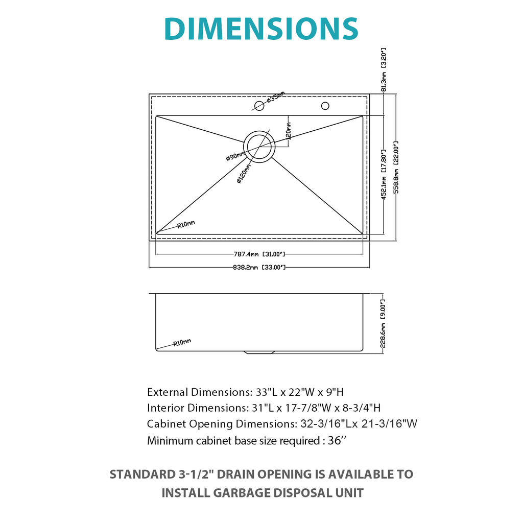33 Inch Topmount Stainless Steel Kitchen Sink