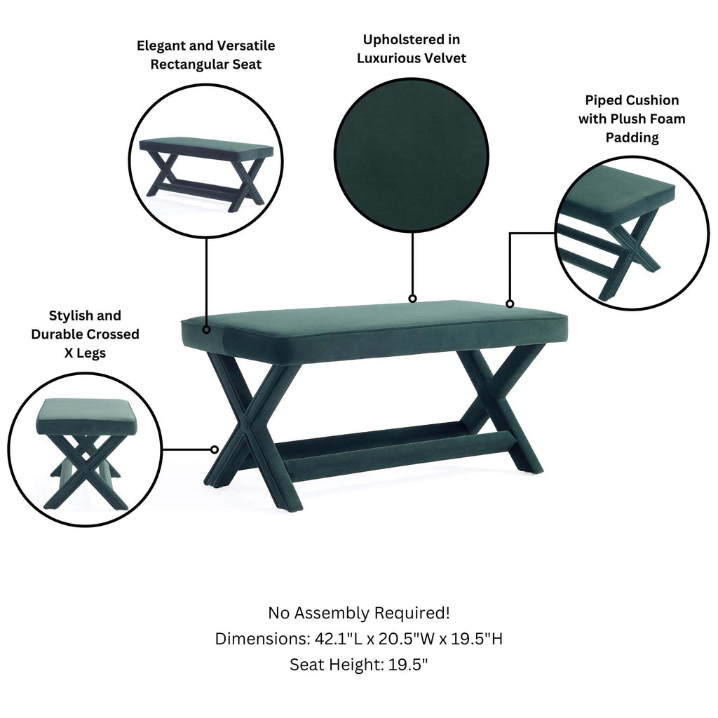 Abigail Upholstered Velvet Accent Bench in Forest