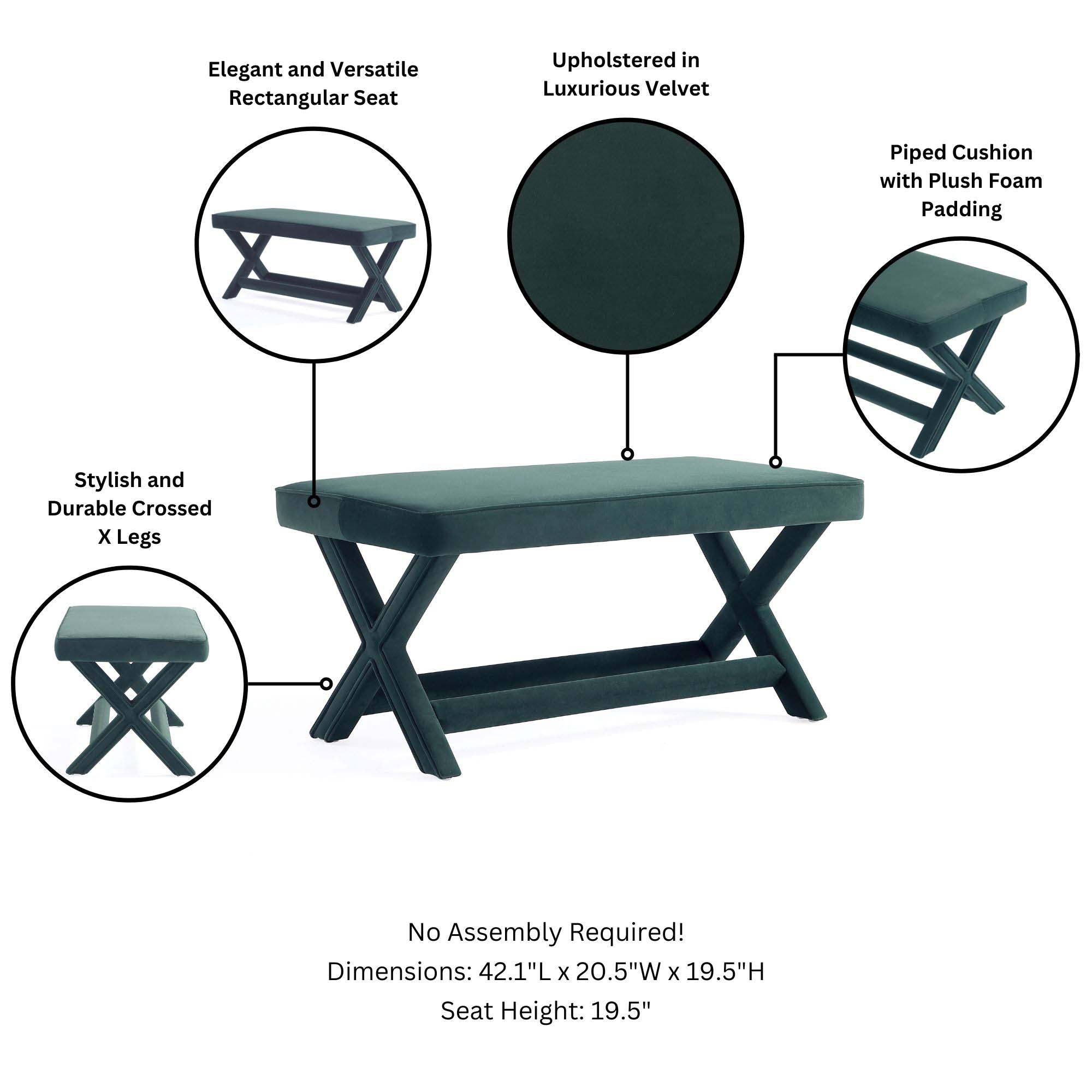 Abigail Upholstered Velvet Accent Bench in Forest
