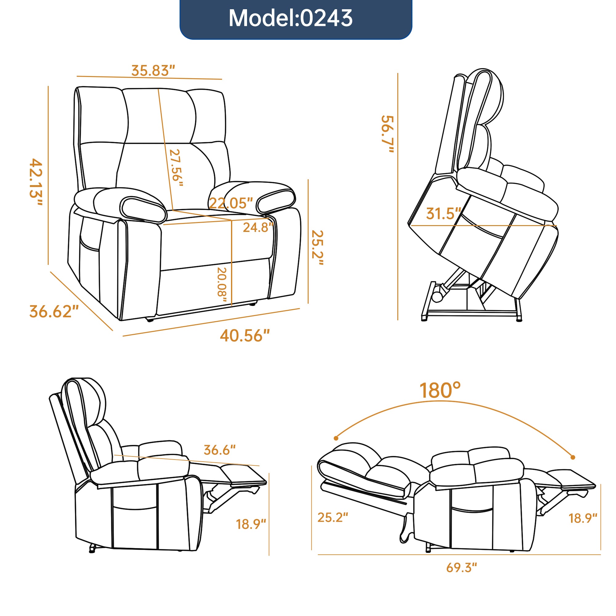 Orange Leatheraire Heat Massage Dual Motor Recliner