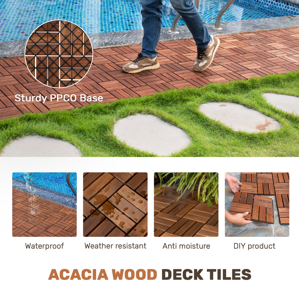 Acacia Wood Interlocking Deck Tiles Checker Pattern, 10PCS 12" x 12" Square