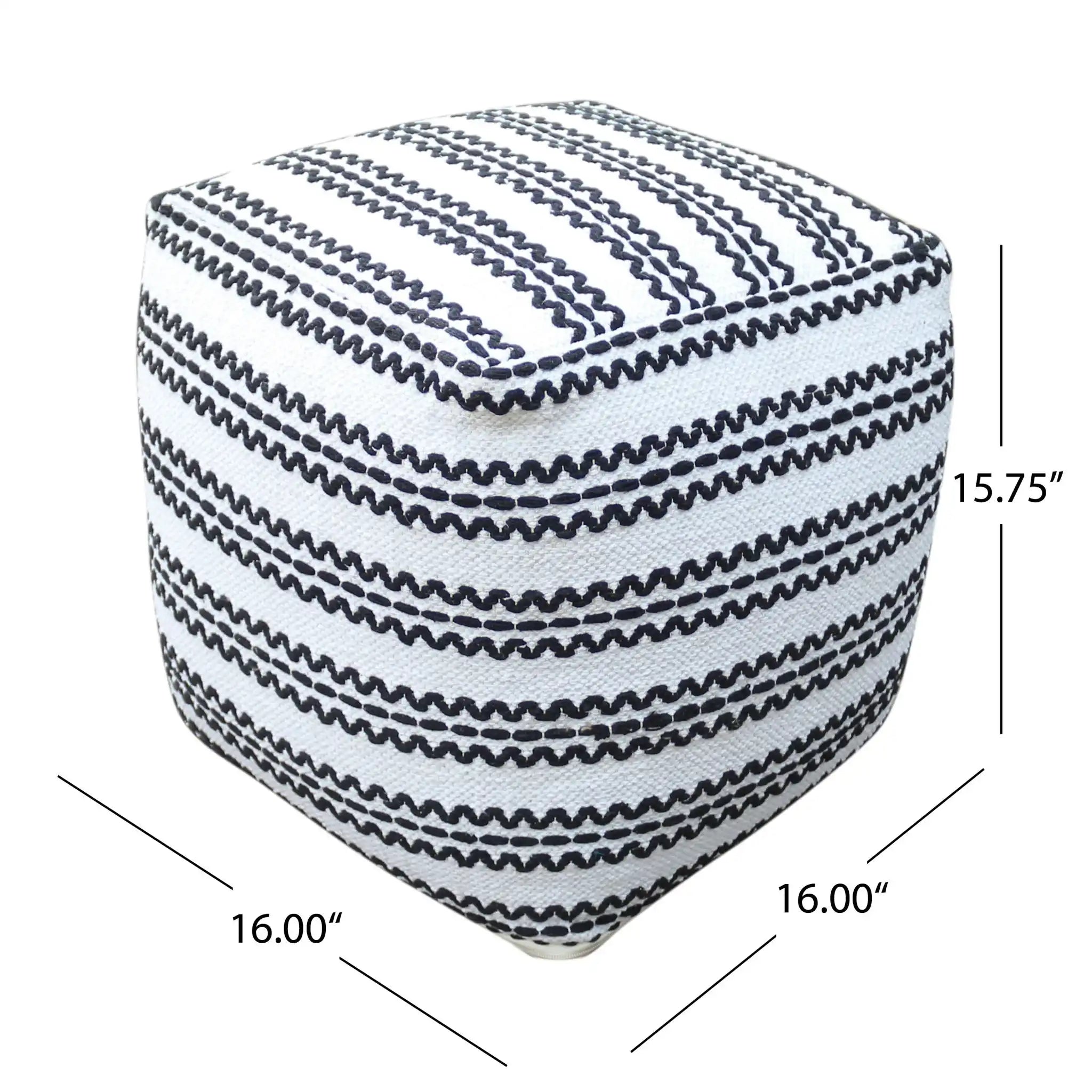 Lani Handcrafted Fabric Pouf - Durable Cotton Square in Natural / Black