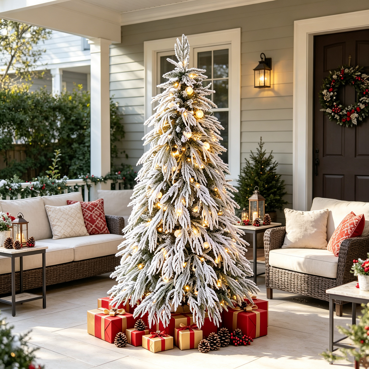 7 FT Pre‑Lit Flocked Artificial Christmas Tree, Pre‑Strung LED Lights with