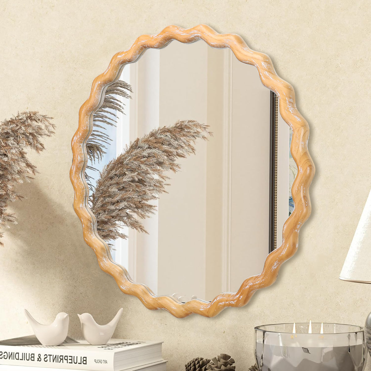 27.5-Inch Round Wavy Wall Mirror, Antique Natural Farmhouse Wood Frame