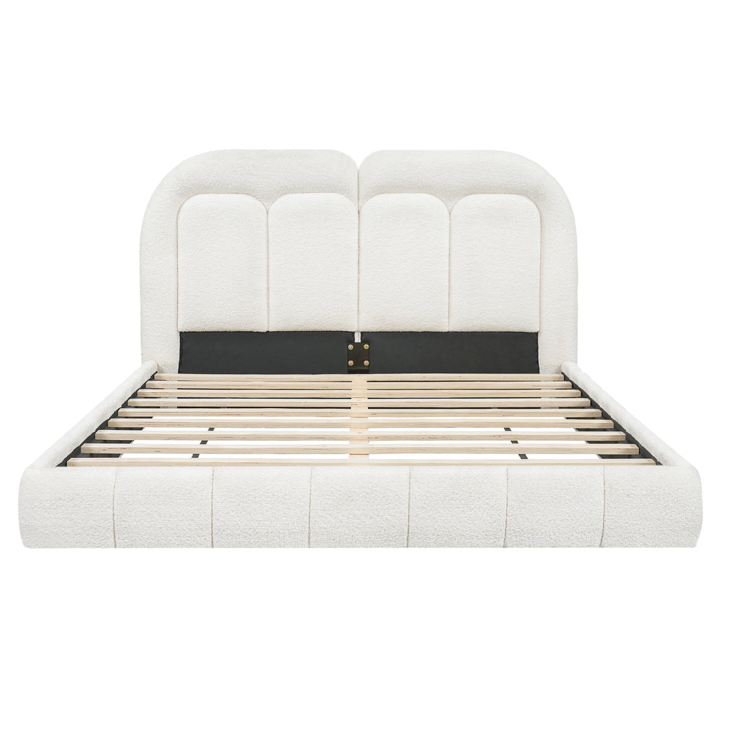 Queen Size Boucle Upholstered Platform Bed with Tufted Headboard