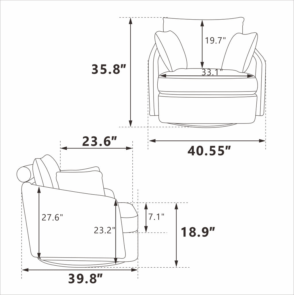 40.55"W Swivel Accent Chair With 2 Throw Pillows
