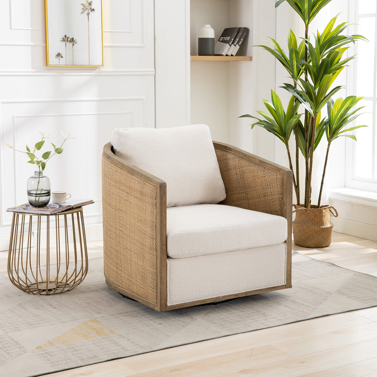 Swivel Barrel Chair, Beige Boucle, 360-Degree Rotation