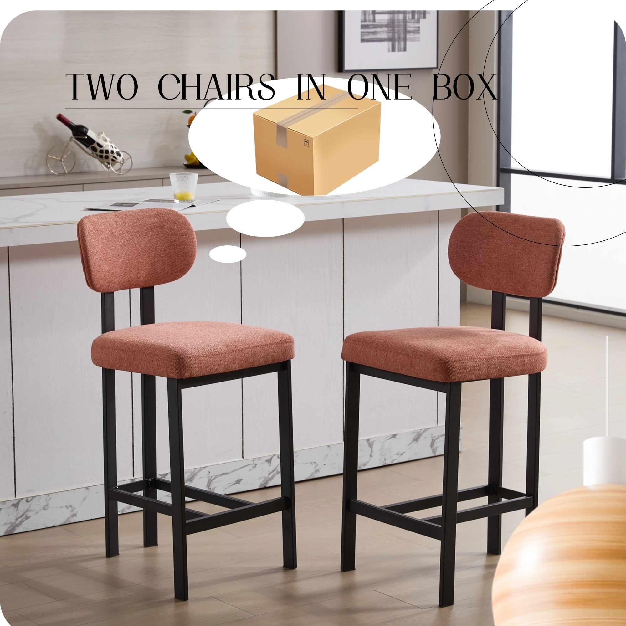 Bar Stools Set of 2, 26 Inch Modern Upholstered Fabric Counter Height Barstools