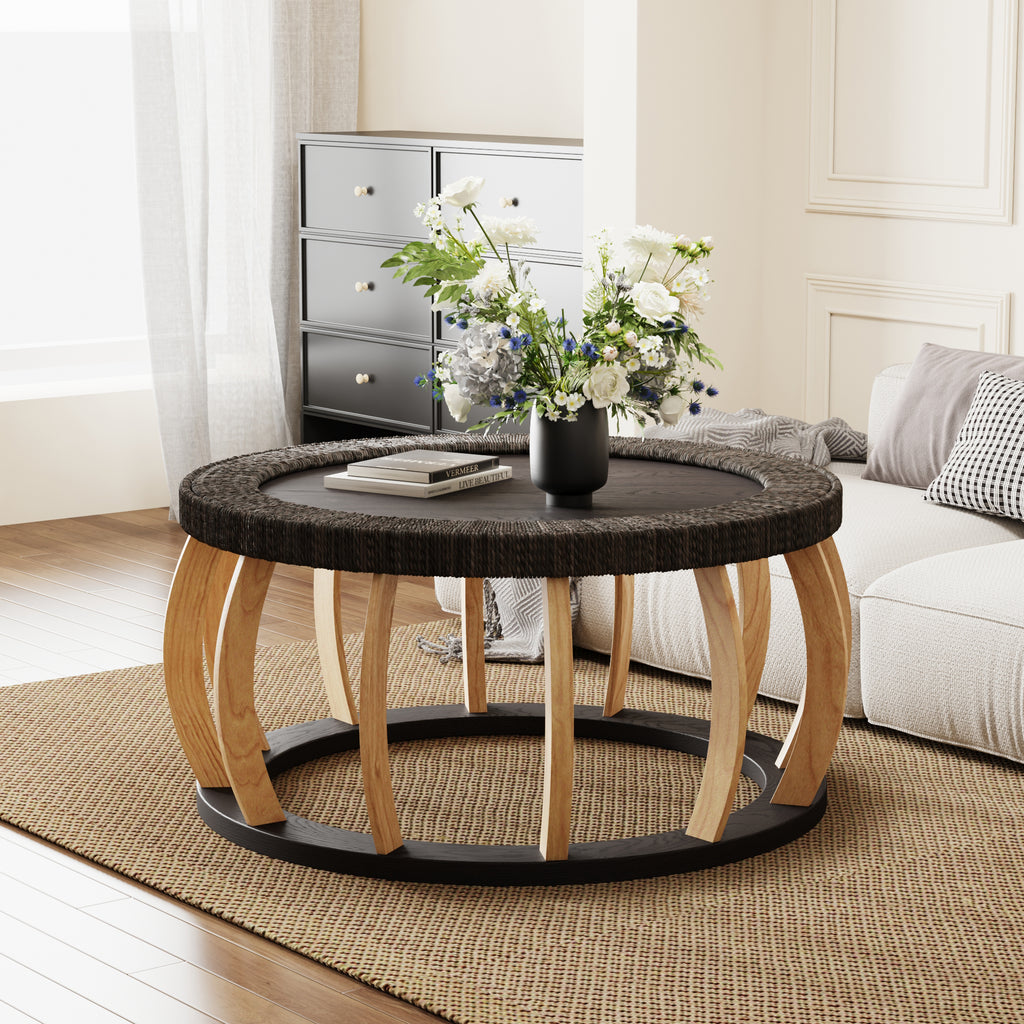 Vintage Rattan Solid Wood Round Coffee Table