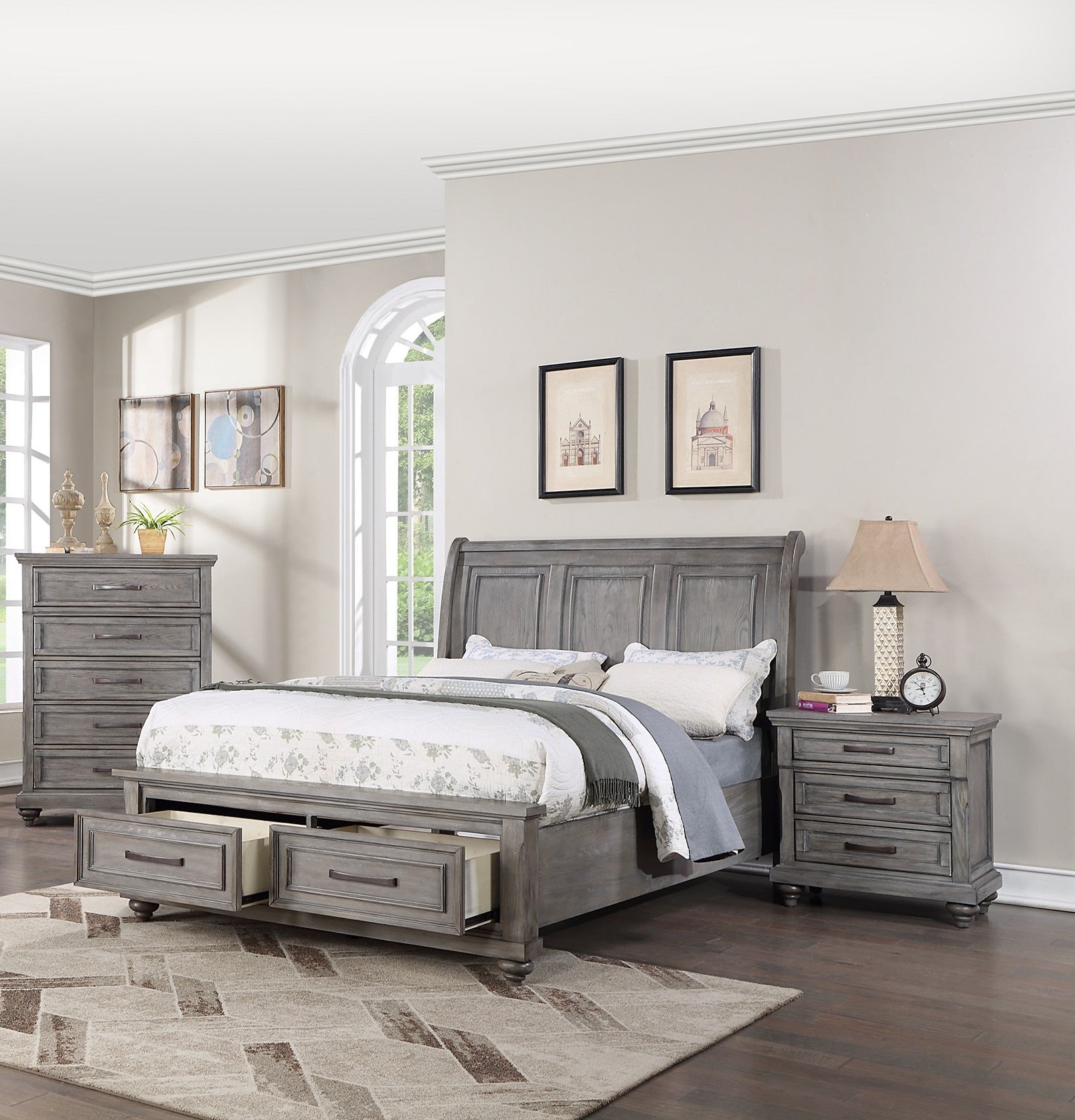 California King Size Bed with Underbed Drawer & Nightstands