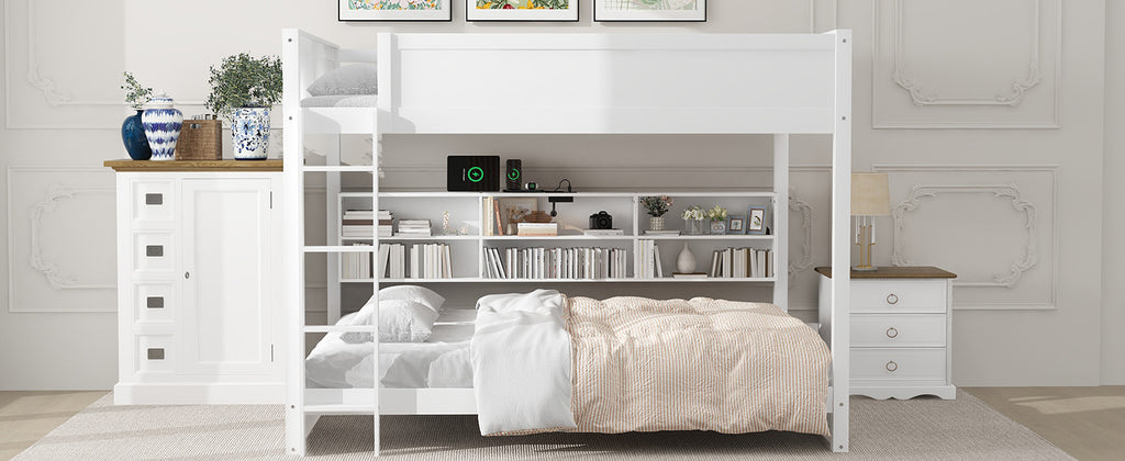 Queen Over Queen Bunk Bed with Storage Cabinets and USB Ports