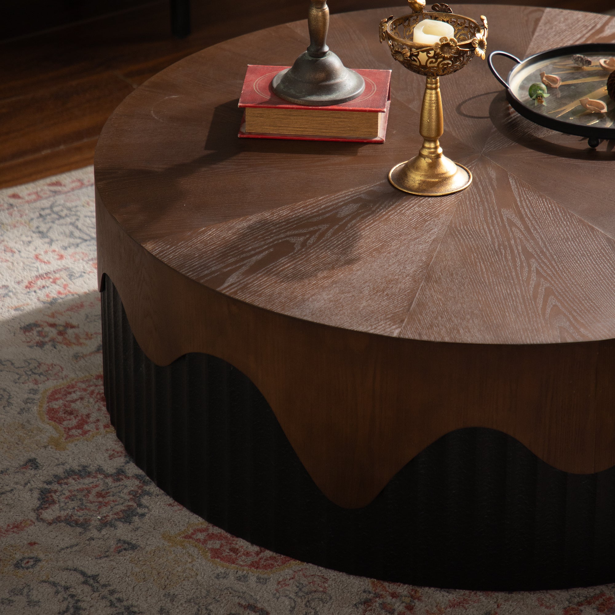 38.97" Round Handcrafted Relief Coffee Table
