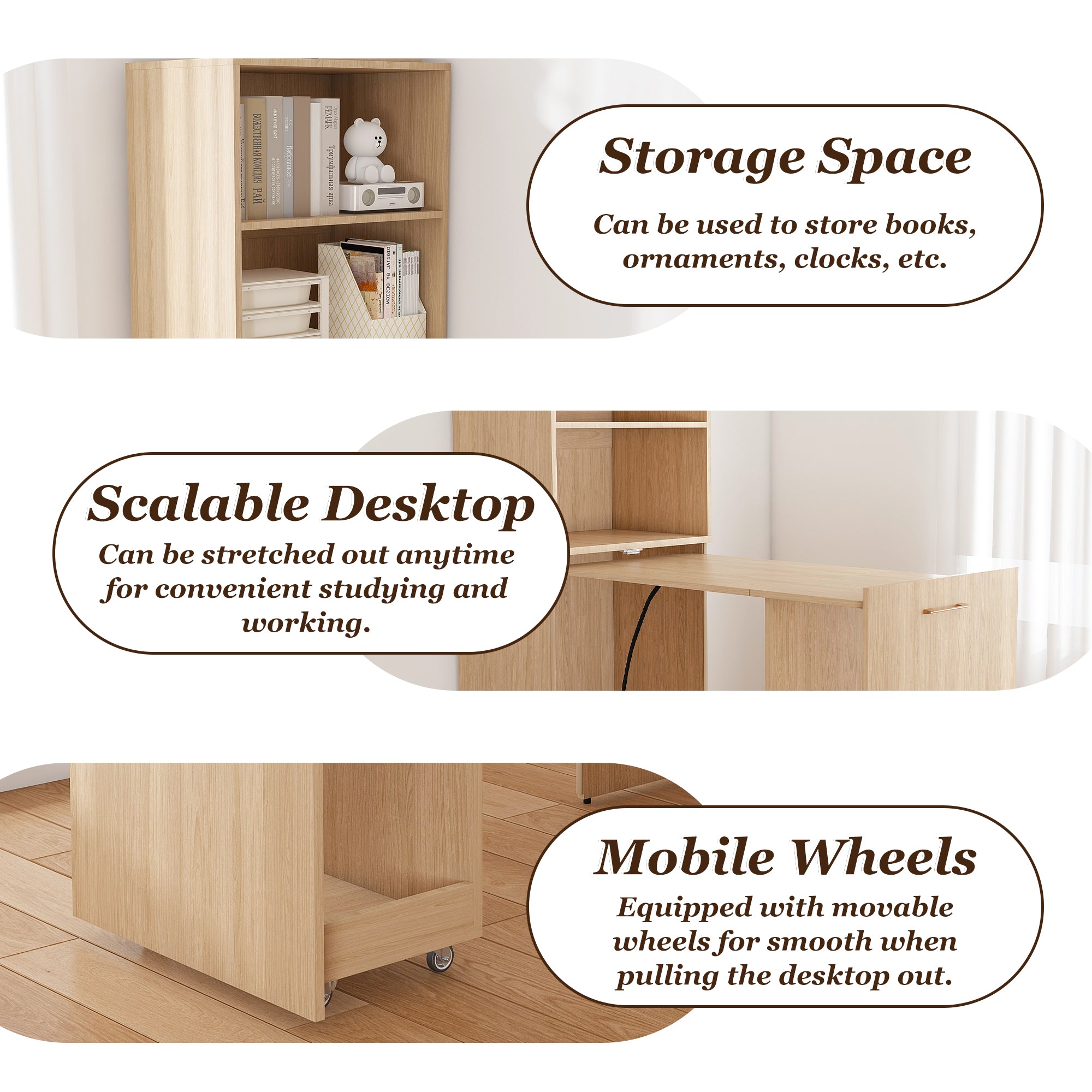 Stretchable Desk with Storage Shelves and Mobile Wheels