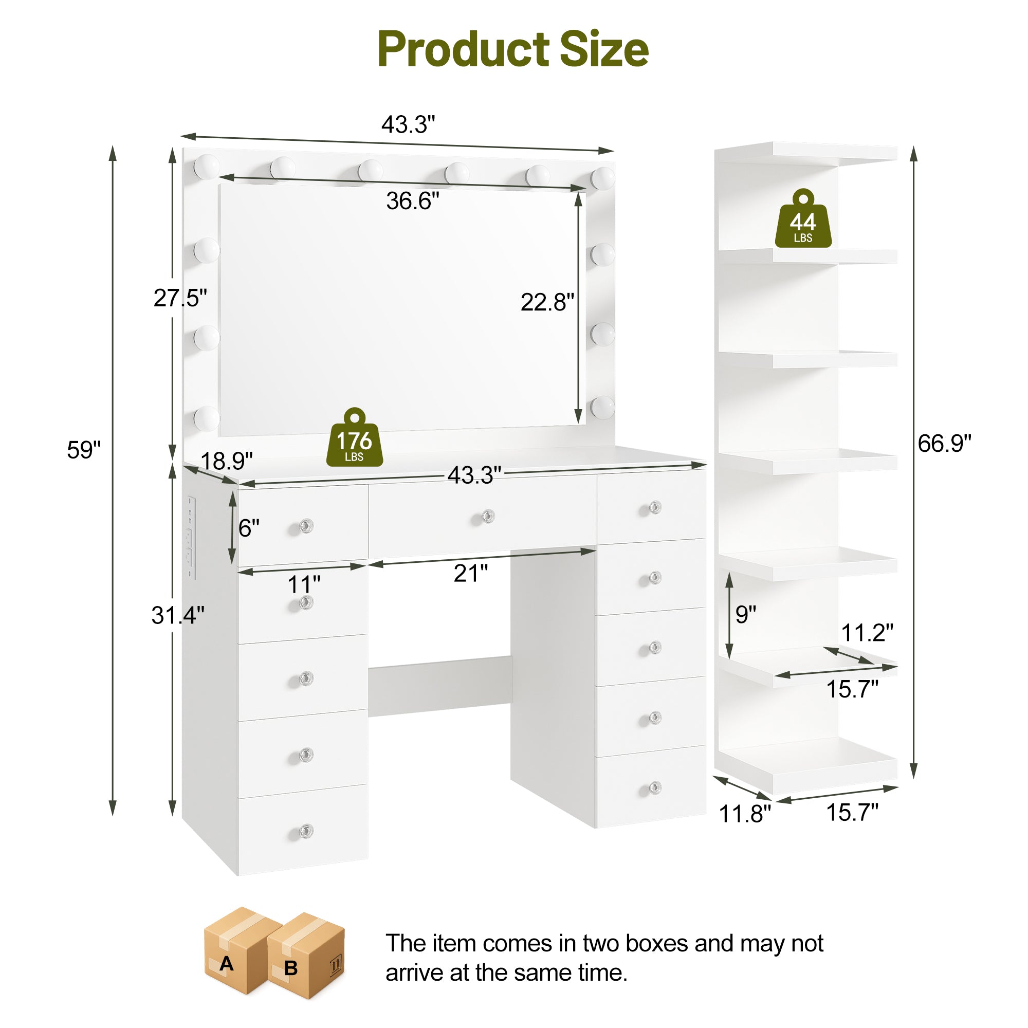 Makeup Vanity Desk with 11 Hollywood Bulbs and 7-Tier Storage Shelves