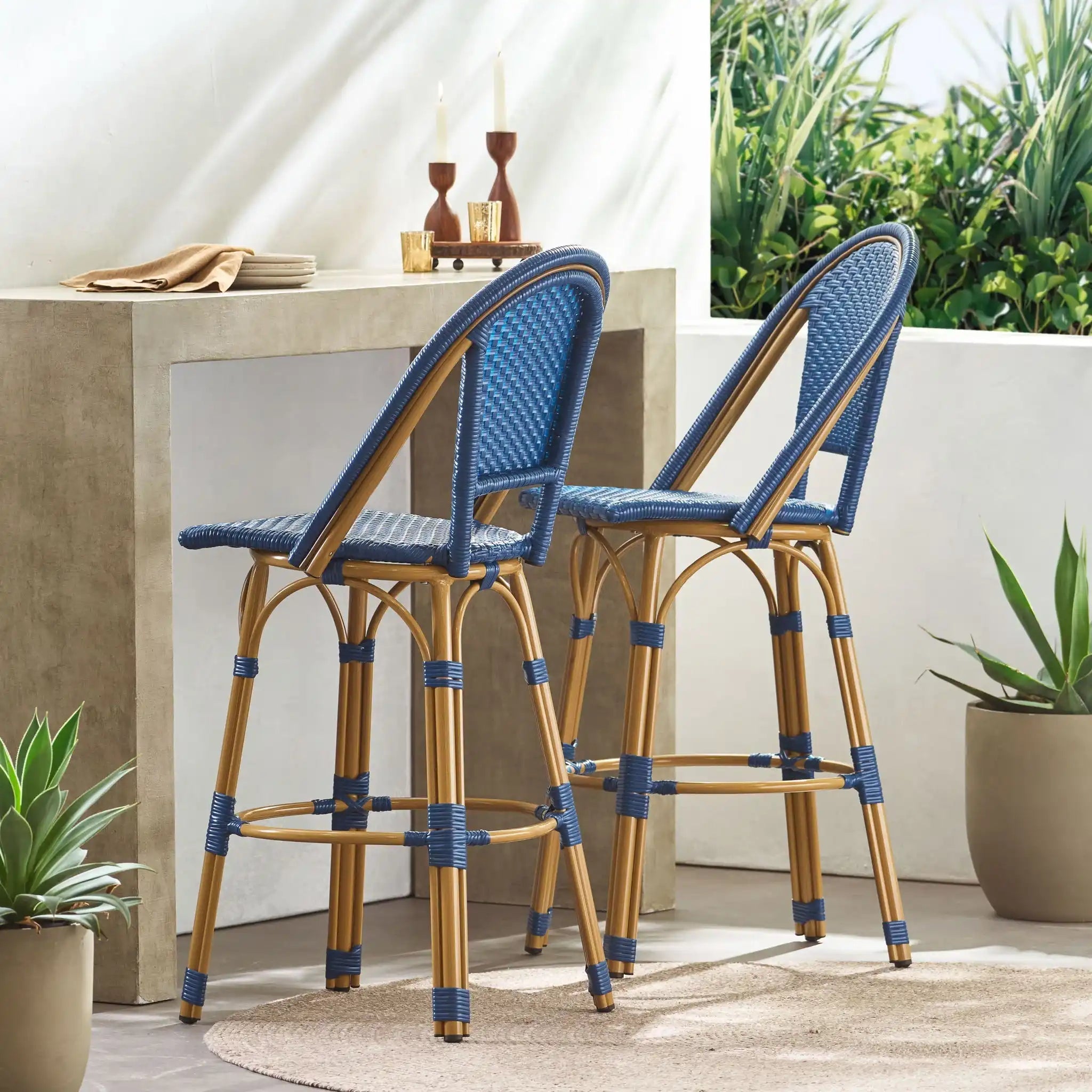Outdoor Rattan And Aluminum French Barstools (Set of 2)
