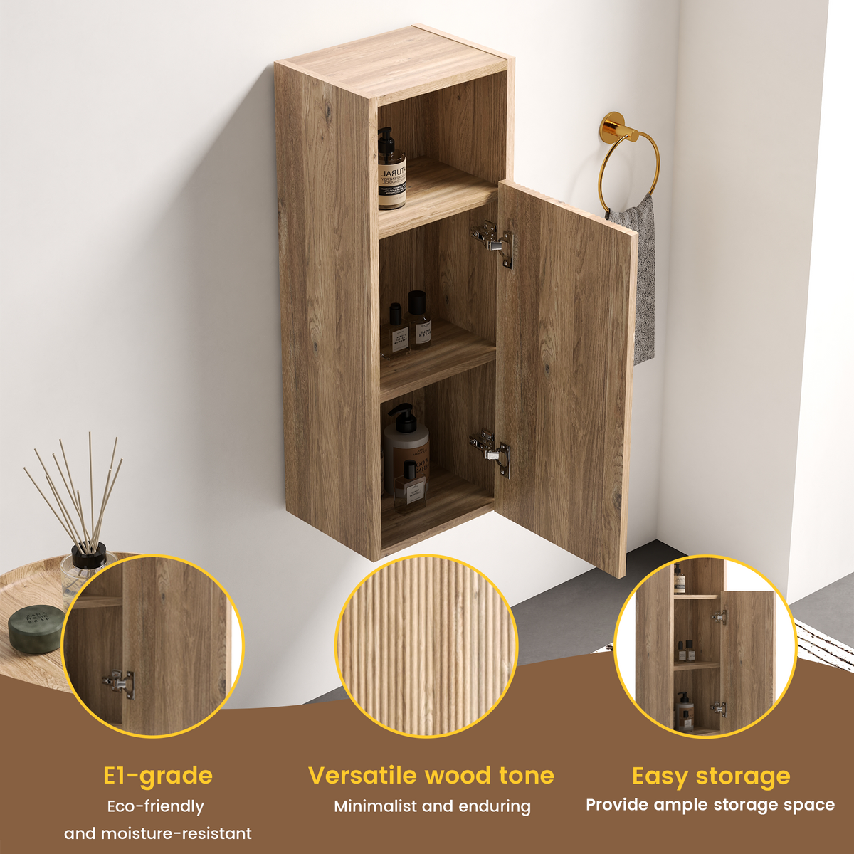Rough Oak Floating Bathroom Cabinet, 12-Inch Wall-Mounted Storage