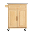 Indoor Compact Bamboo Rolling Kitchen Cart with Stainless Steel Top