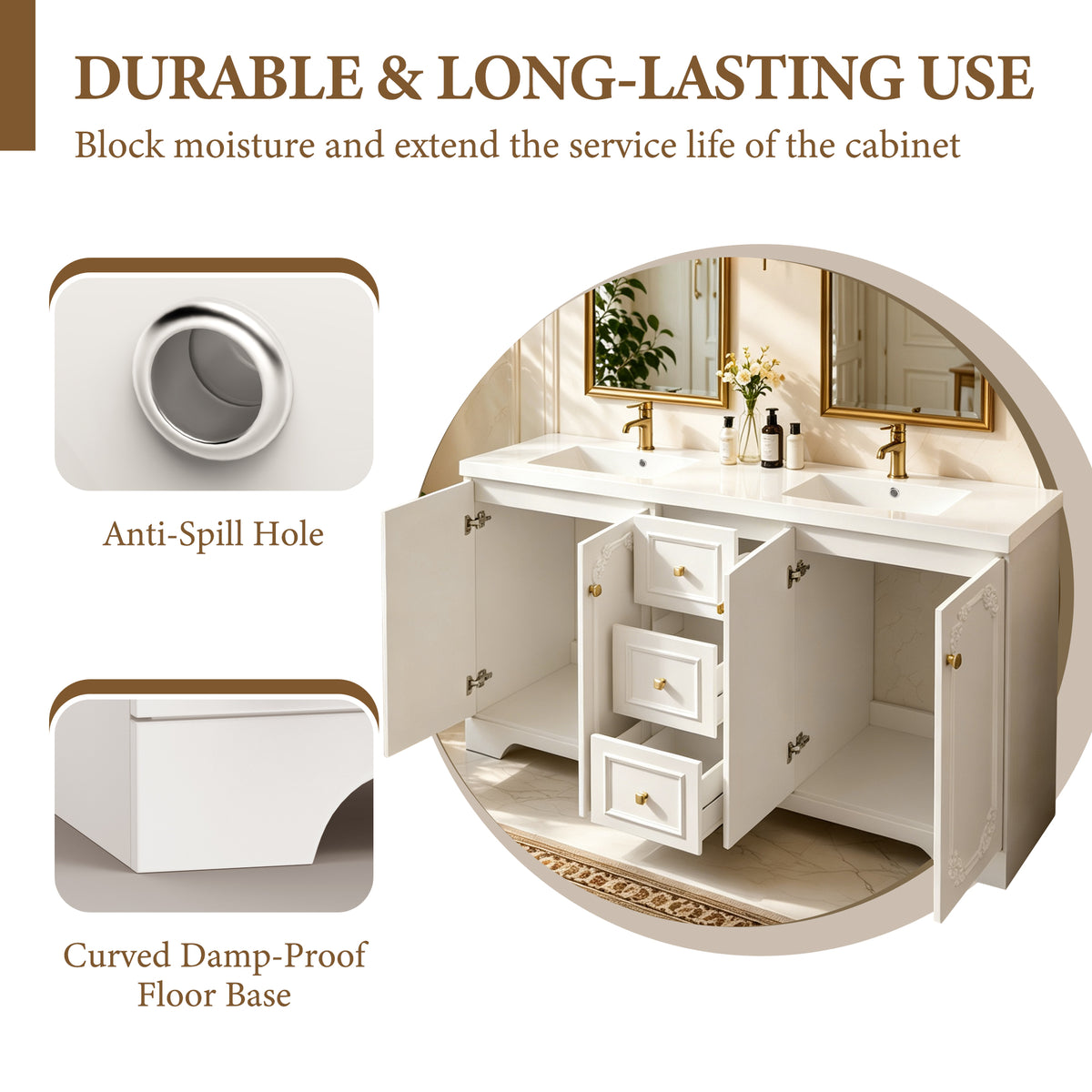 60" White French-Style Bathroom Vanity Cabinet