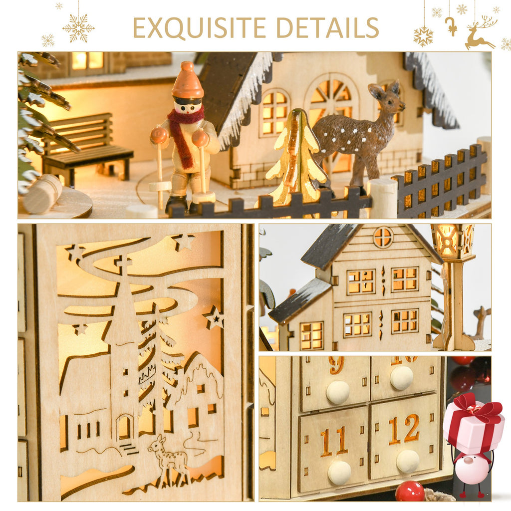 Wooden Christmas Advent Calendar with Village Scene and 24 Drawers, Natural