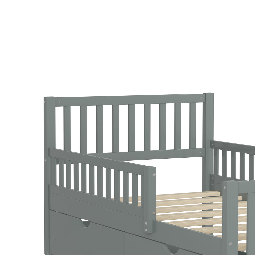 Twin Size Wood Platform Bed with Guardrails on Both Sides and Two Storage Drawers