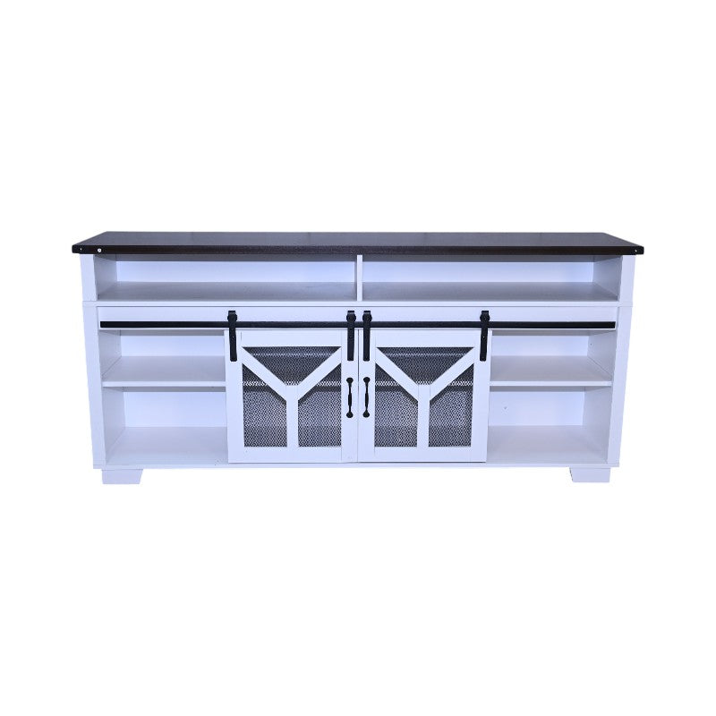 65.3" TV Stand with LED Light Strips and Iron Mesh Barn Door