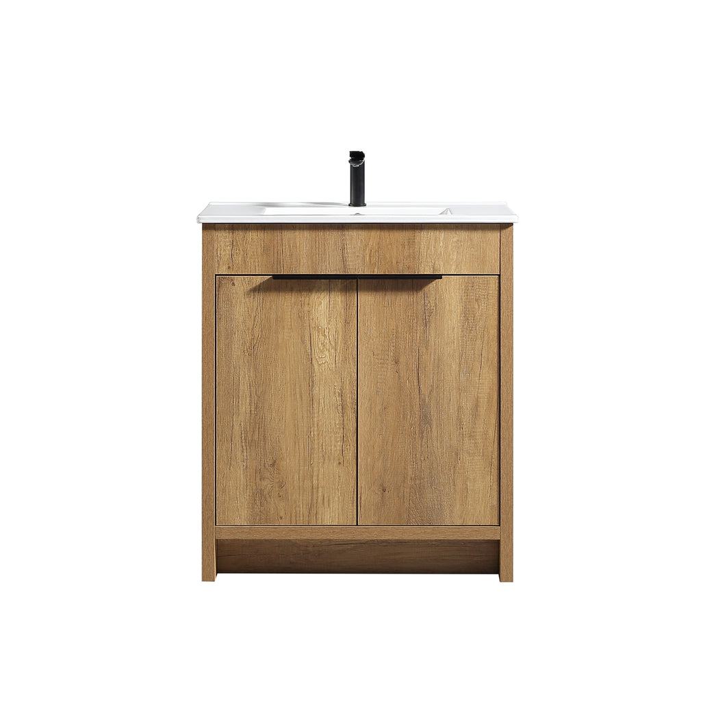 30-Inch Floor-Standing Bathroom Vanity with 3D Grooved Panel and Integrated Ceramic Sink