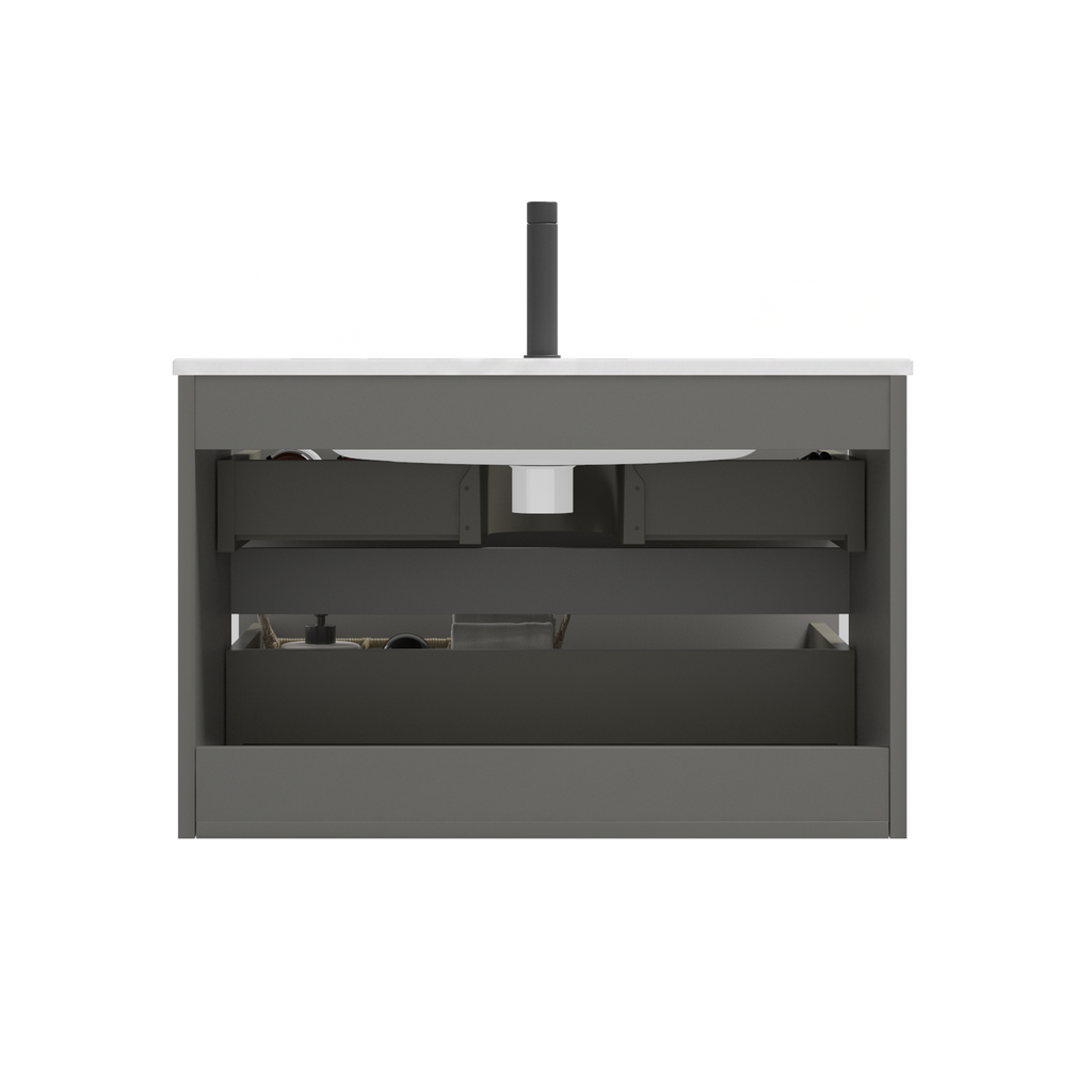 TIA 30-Inch Wall Mount Bathroom Vanity, Gray, Ceramic Sink with Soft-Close Drawers