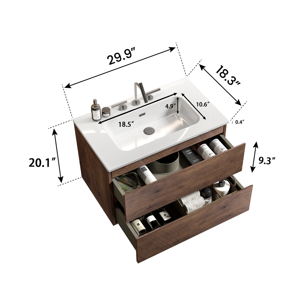 Wall Mount 30-Inch Bathroom Vanity, Walnut with Ceramic Sink