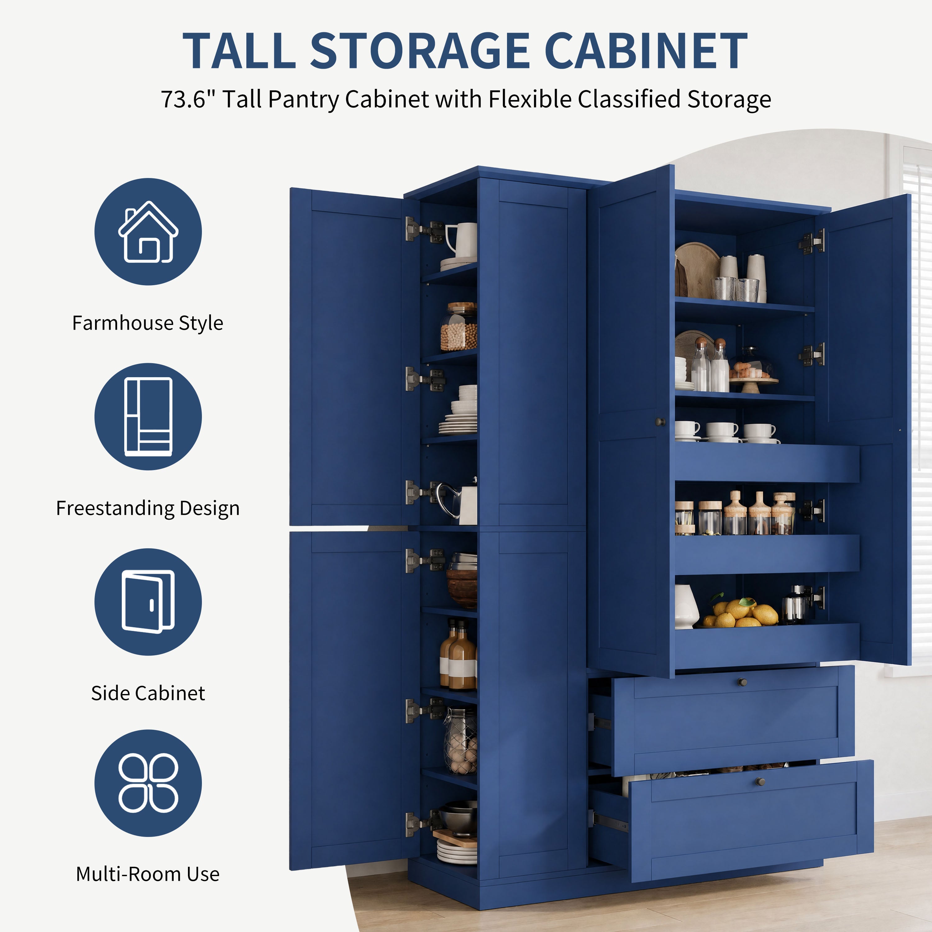 TOPMAX 73.6" Tall Farmhouse Kitchen Pantry Cabinet