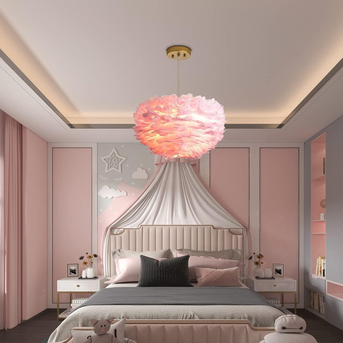 Pink Feather Chandelier, 3-Light Ceiling Fixture, 17.7 Inches