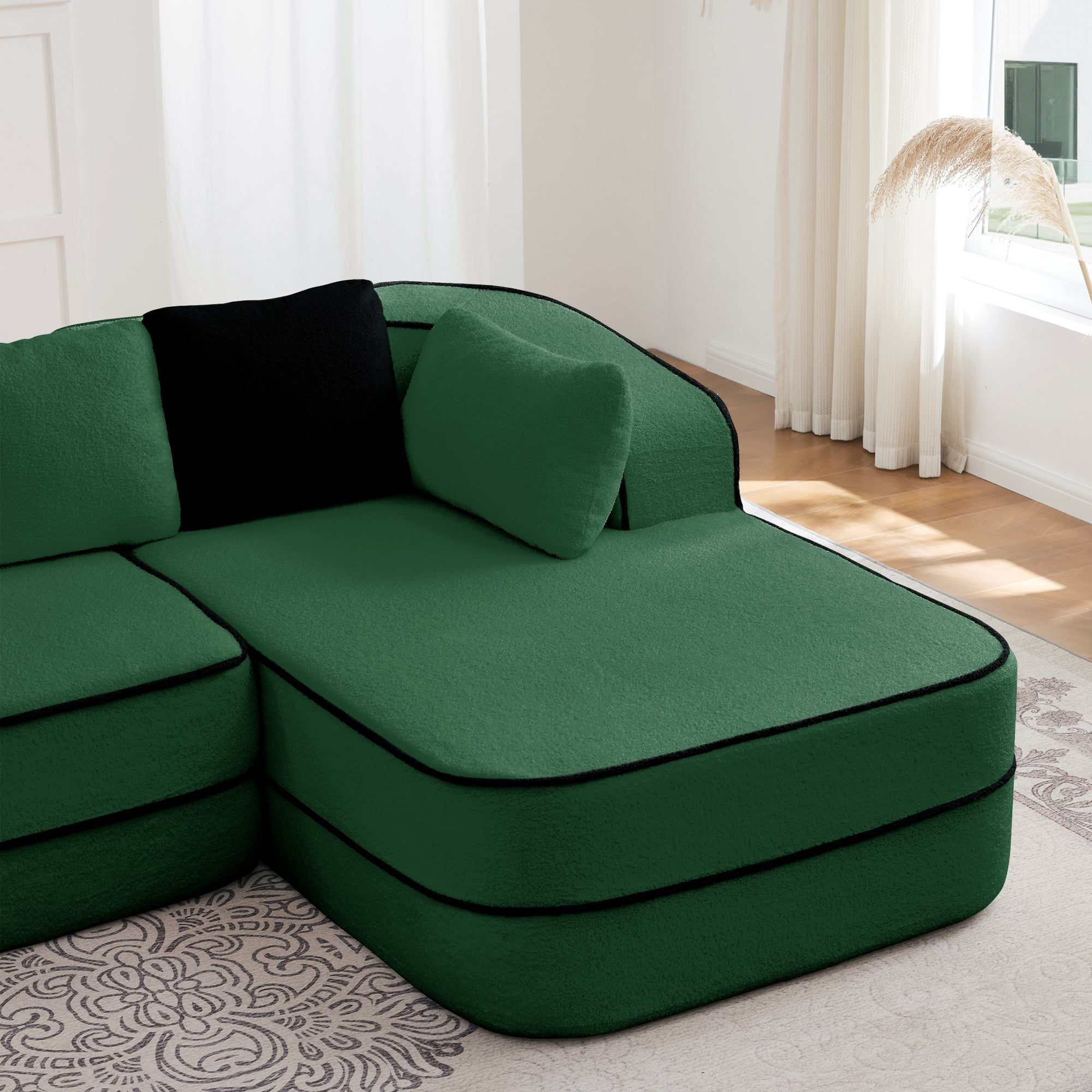 Elysees Right Chaise Sofa with Pillows Teddy Fabric - Green