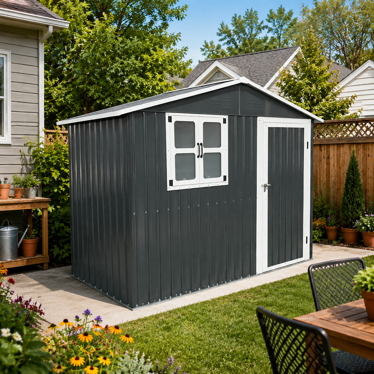 8x4 Foot Metal Storage Shed with Openable Window, Coal Grey