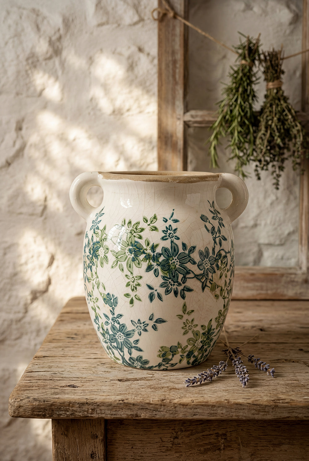 Floral Twin-Handle Ceramic Vase, 7.5 x 6.3 x 7.7 Inches