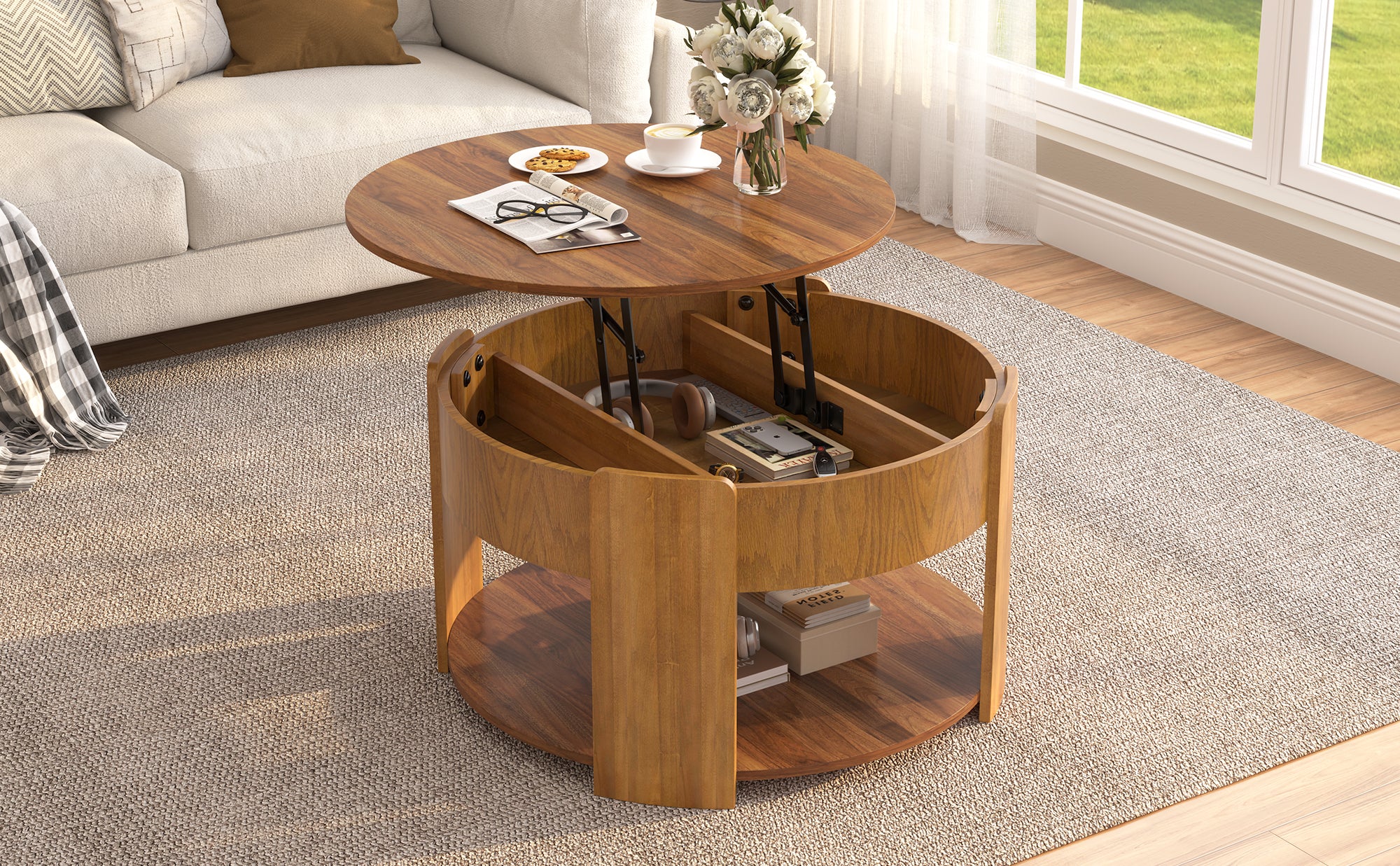 Vibe Haus Farmhouse Round Lift Top Coffee Table