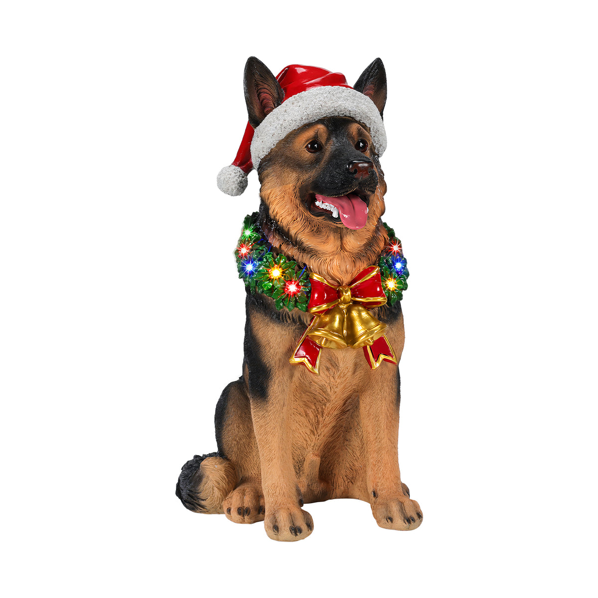 Lighted Christmas German Shepherd Dog Statue, Santa Hat Puppy Figurine, 20.87-Inch, Black and Brown