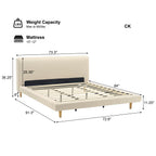 Beige Chunky Headboard Bed Frame, Solid Rubberwood Legs, Cal-King