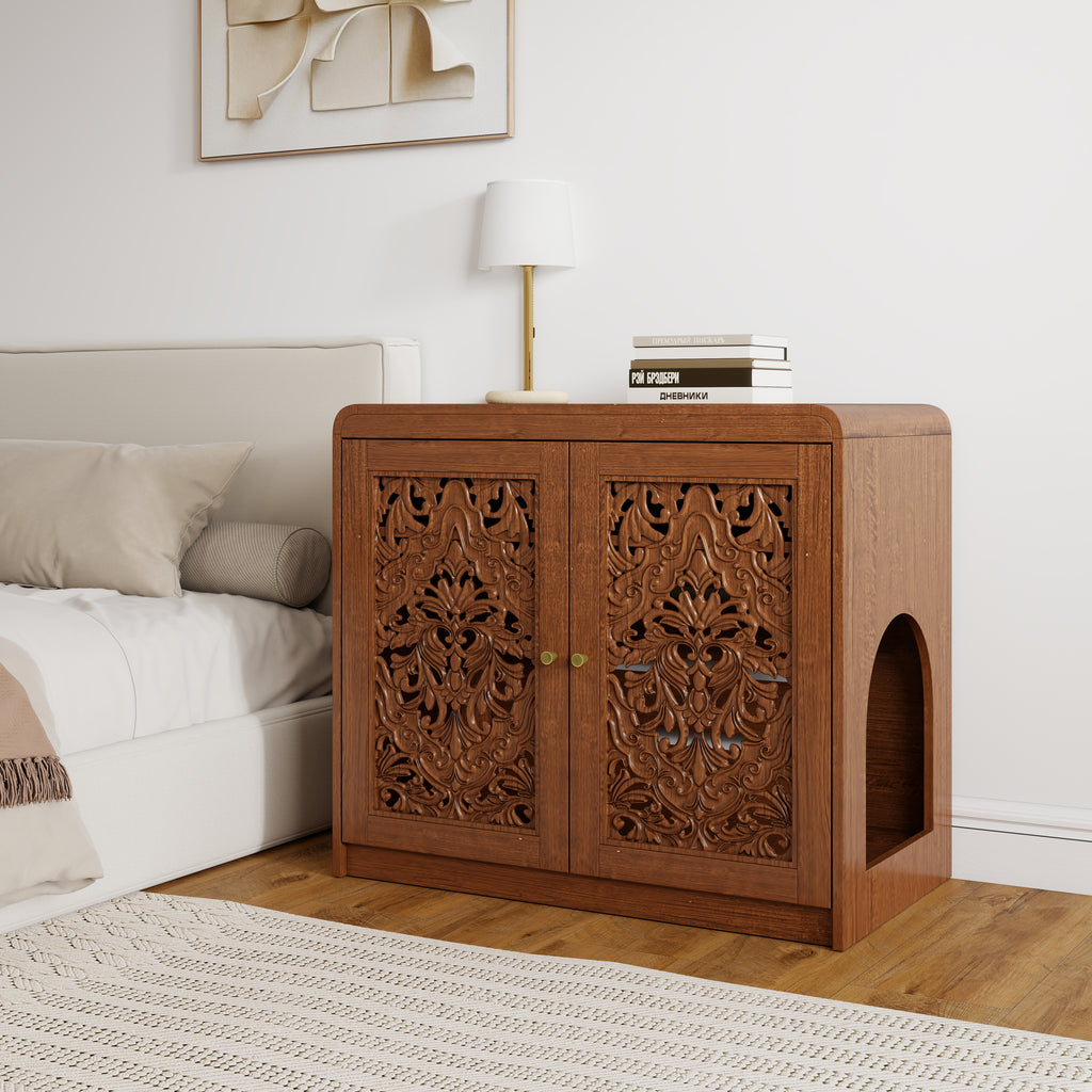 Walnut  Hollow‑Carved Cat Litter Box Enclosure Cabinet, Multi‑Purpose Sideboard with Vent & Large Cat Entry for Living Room & Entryway. Note: Litter box and cat mat not included.