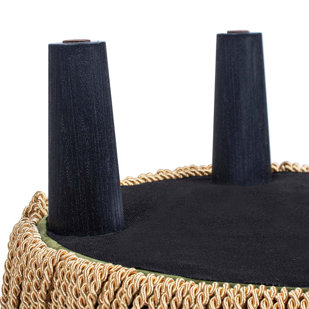 Edward 17.5" Round Upholstered Ottoman with Bullion Fringe, Olive