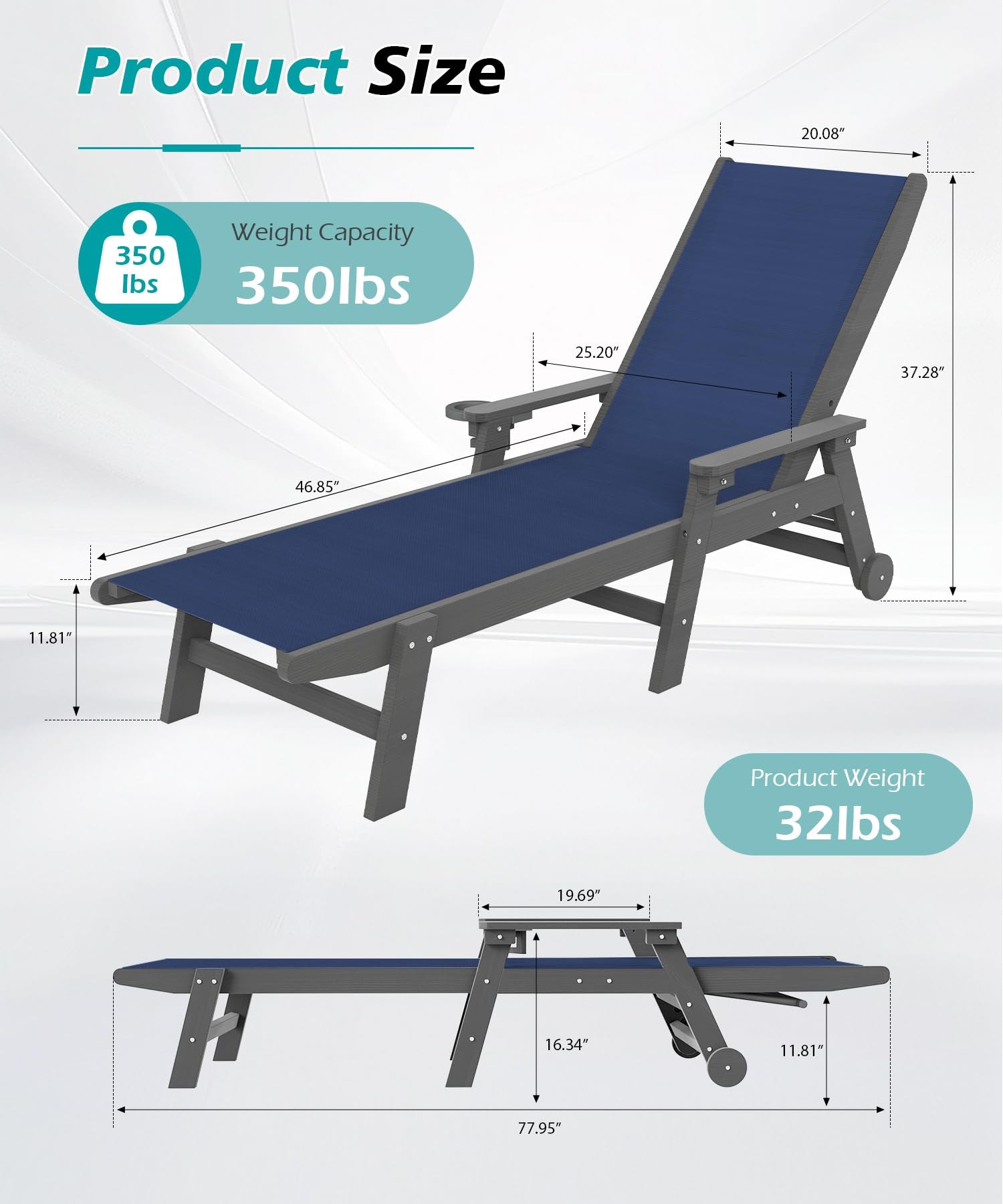Outdoor Pool Lounge Chairs Set of 2, HDPE Patio Lounge Chair with Wheels