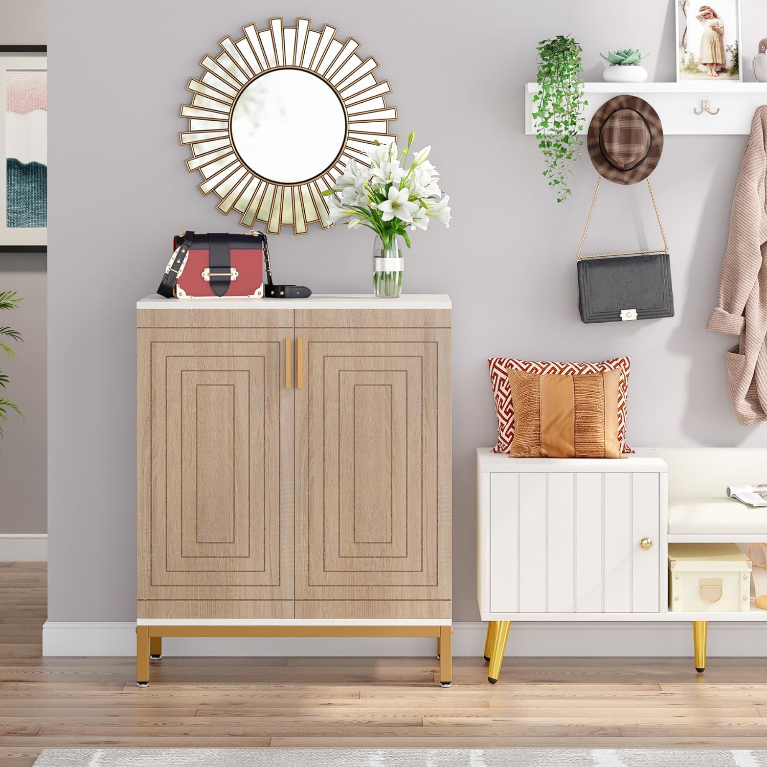31.5" White & Natural Wood Shoe Cabinet