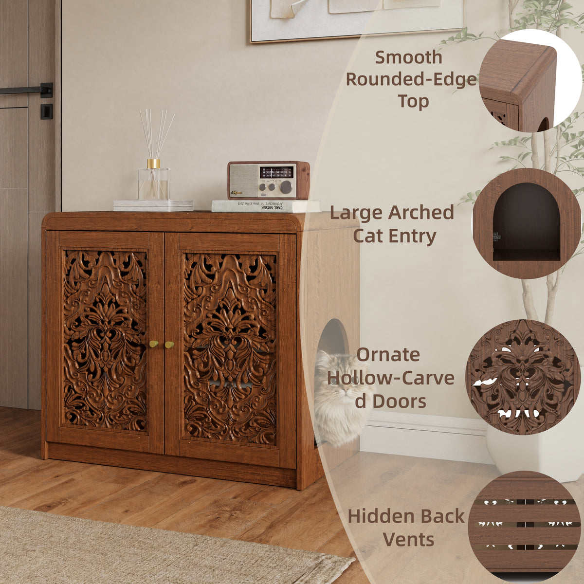 Walnut  Hollow‑Carved Cat Litter Box Enclosure Cabinet, Multi‑Purpose Sideboard with Vent & Large Cat Entry for Living Room & Entryway. Note: Litter box and cat mat not included.