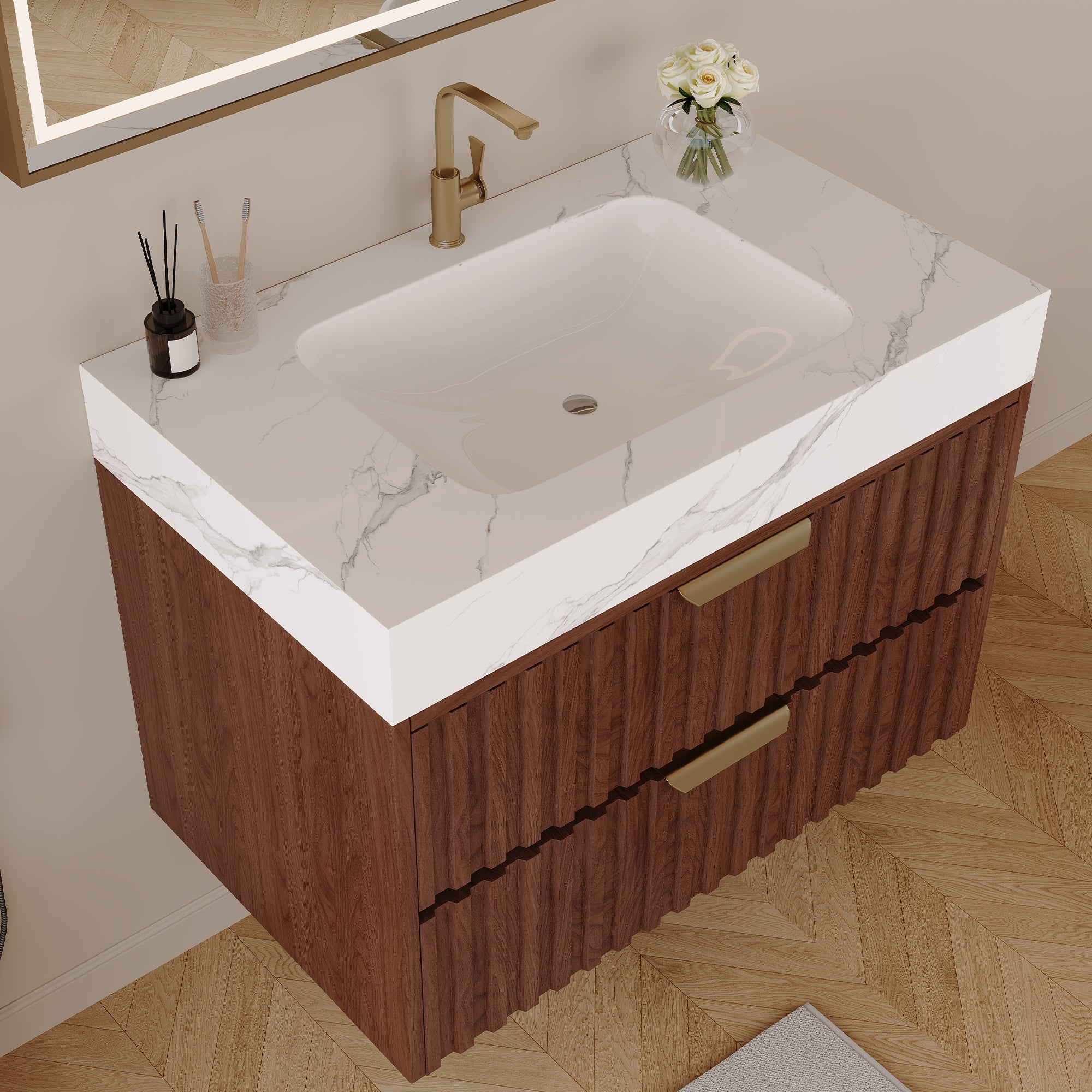 30" Modern Floating Bathroom Vanity with Seamless Sintered Stone Top