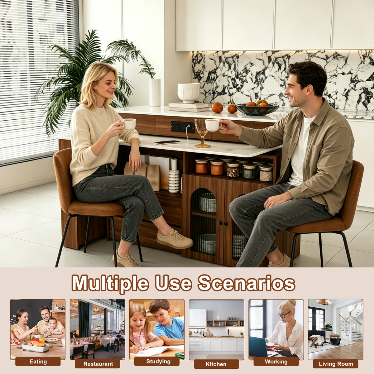 Kitchen Island with Extendable & Rotating Table
